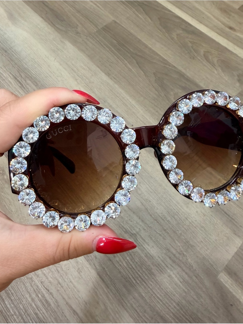 Gucci Brown Round Sunglasses with Crystal Frame